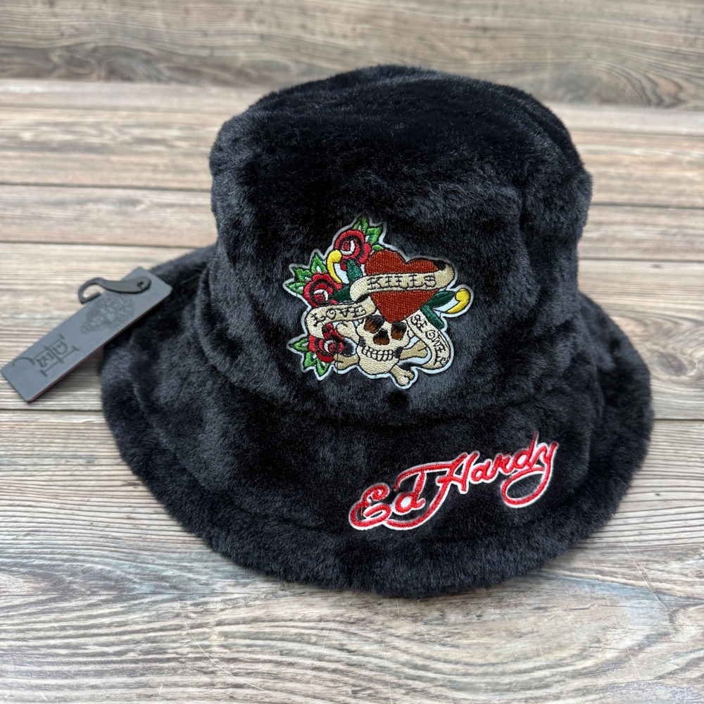 Ed Hardy‎ Black Faux Fur Bucket Hat Skull Rose Tattoo Graphic Unisex Y2K NEW